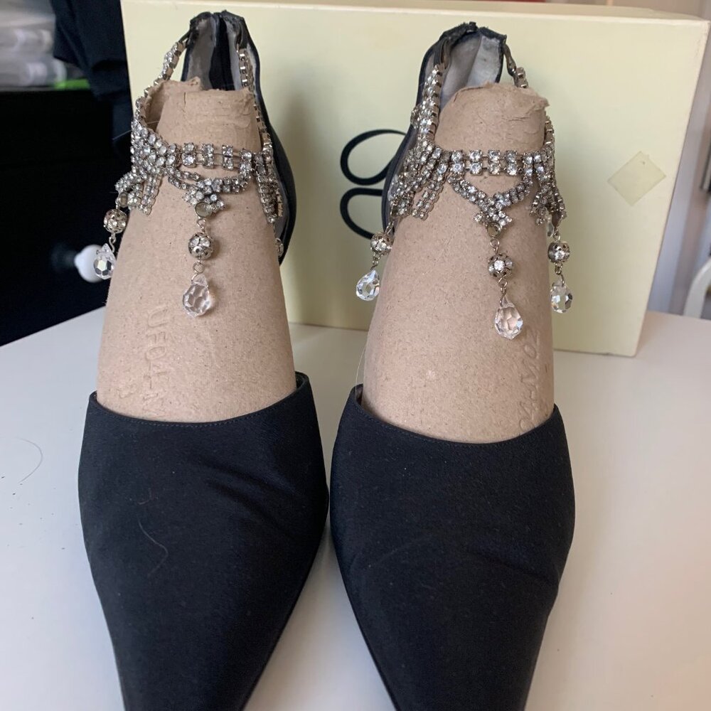 St. John crystal black ankle-strap heels